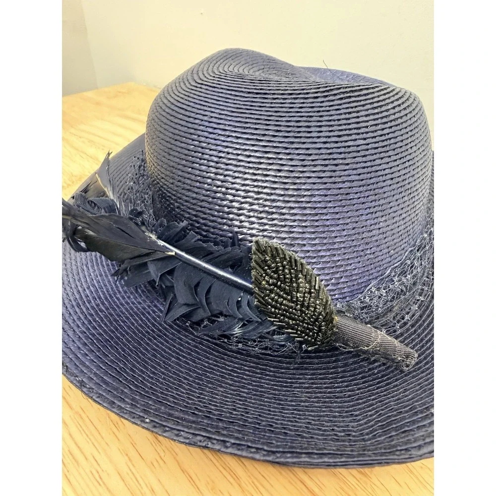 Vtg Miss Bierner Blue Hat Embellished Feathers Netting Woven 11 Inches Diameter‎